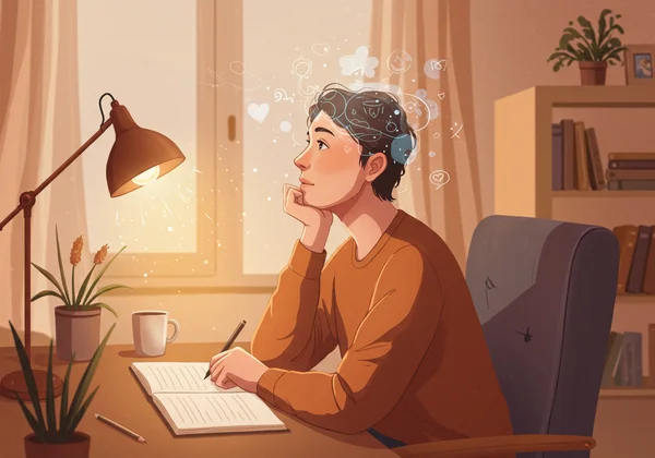 Person reflecting on test results, journaling for self-discovery