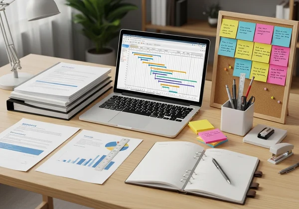 Organized desk showing project management and analytics