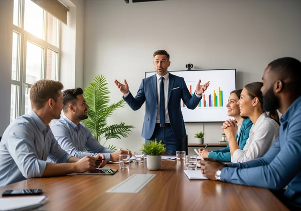 Assertive leader engaging with a team in a meeting