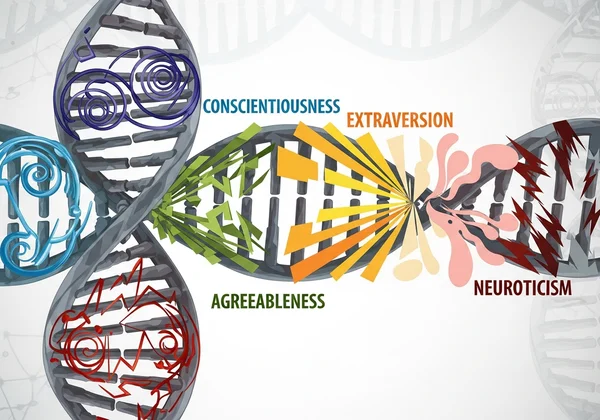 DNA helix strands intertwining with abstract personality traits